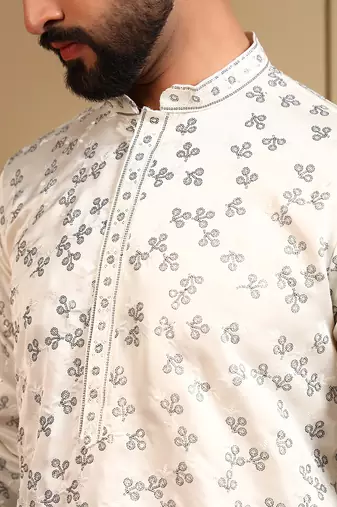 White sequence floral royal silk kurta pyjama set for men | designer kurta for men