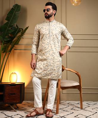 Cream sequence floral royal silk kurta pyjama set for men | designer kurta for men 3