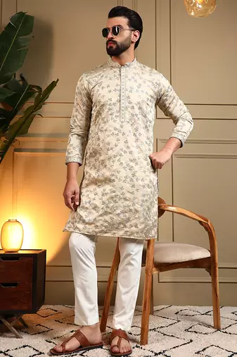 Cream sequence floral royal silk kurta pyjama set for men | designer kurta for men