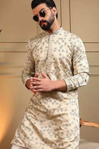 Cream sequence floral royal silk kurta pyjama set for men | designer kurta for men