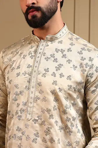 Cream sequence floral royal silk kurta pyjama set for men | designer kurta for men