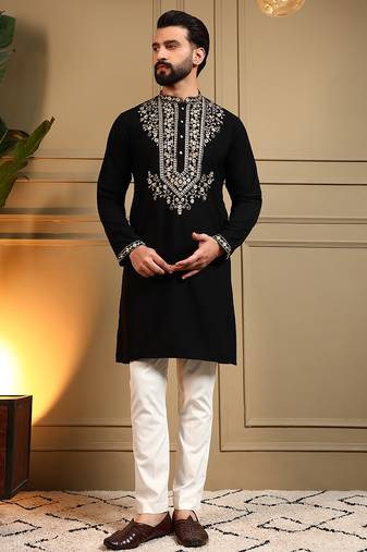Black sequence floral armani silk kurta pyjama set for men | designer kurta for men