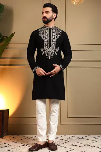 Black sequence floral armani silk kurta pyjama set for men | designer kurta for men