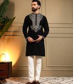 Black sequence floral armani silk kurta pyjama set for men | designer kurta for men
