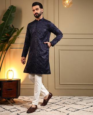Blue sequence floral royal silk kurta pyjama set for men | designer kurta for men 3