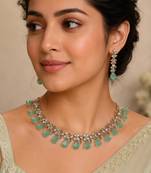 Pista green ad stone & agate stone necklace set with earrings, antique gold plated