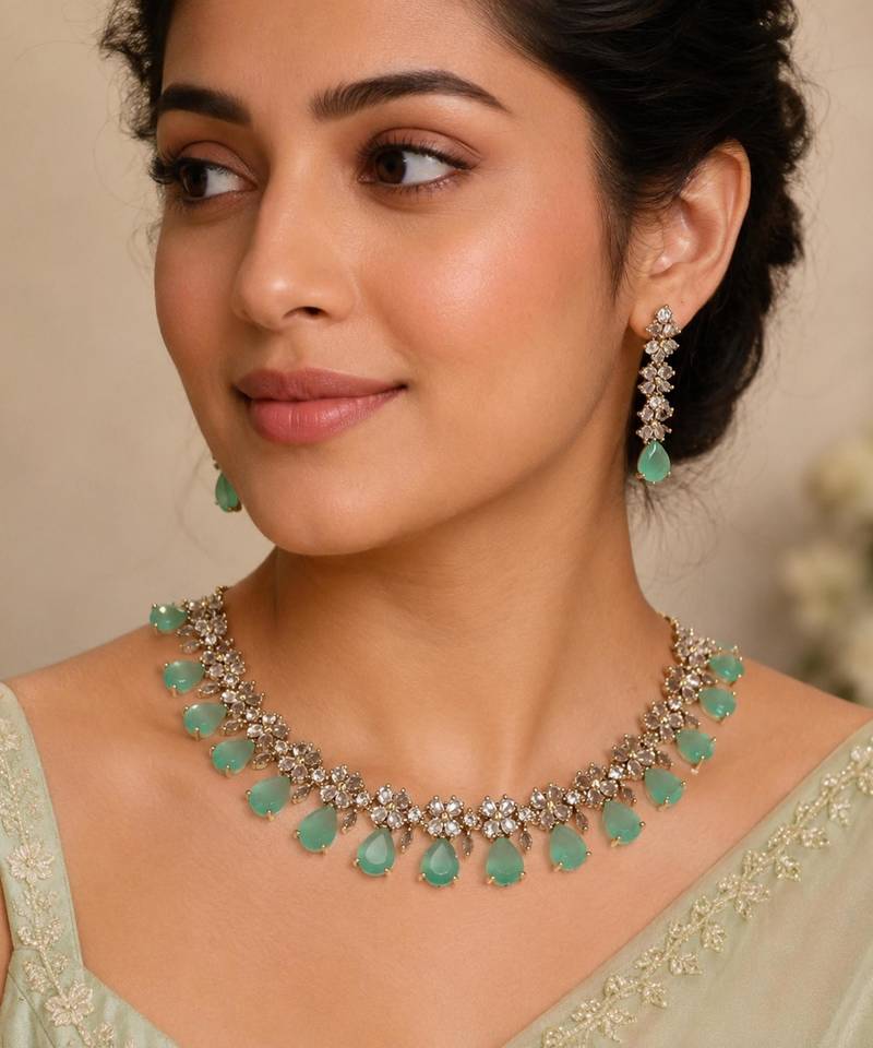 Pista green ad stone & agate stone necklace set with earrings, antique gold plated