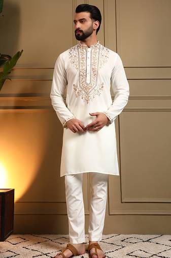 White sequence floral armani silk kurta pyjama set for men | designer kurta for men