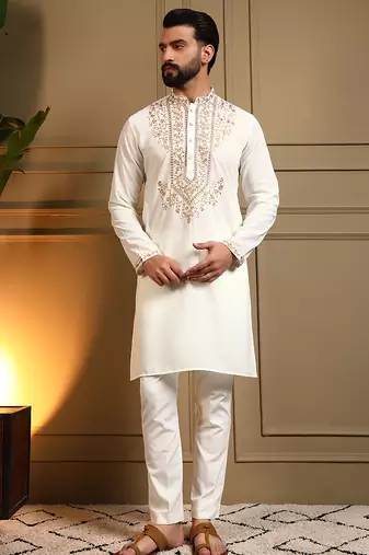 White sequence floral armani silk kurta pyjama set for men | designer kurta for men
