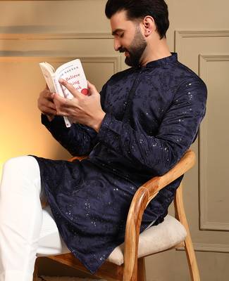Blue sequence floral royal silk kurta pyjama set for men | designer kurta for men 4