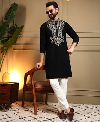 Black sequence floral armani silk kurta pyjama set for men | designer kurta for men 3