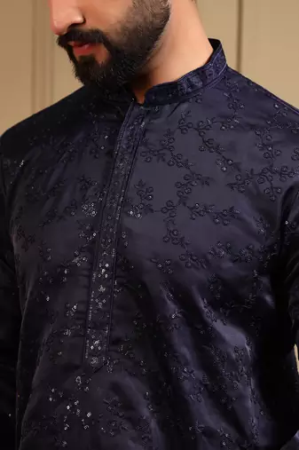 Blue sequence floral royal silk kurta pyjama set for men | designer kurta for men