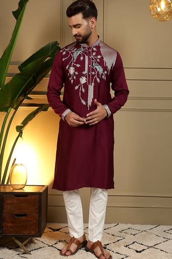 Red sequence floral viscose silk kurta pyjama set for men | designer kurta for men
