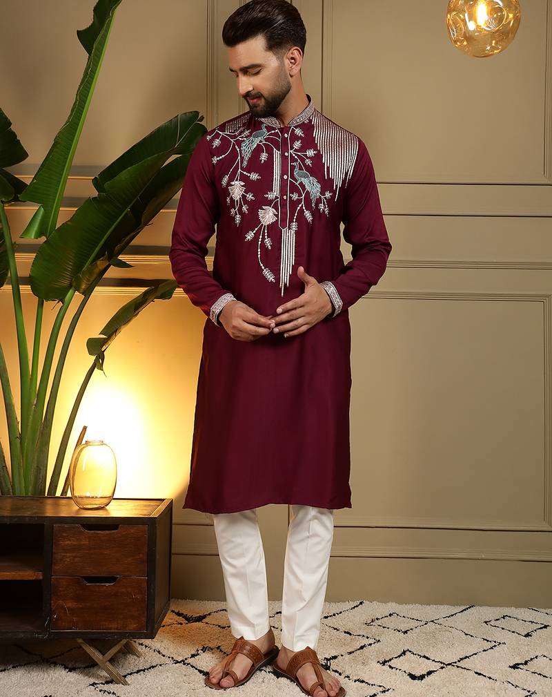 Red sequence floral viscose silk kurta pyjama set for men | designer kurta for men