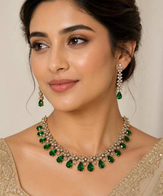 Green ad stone & agate stone necklace set with earrings, antique gold plated 1