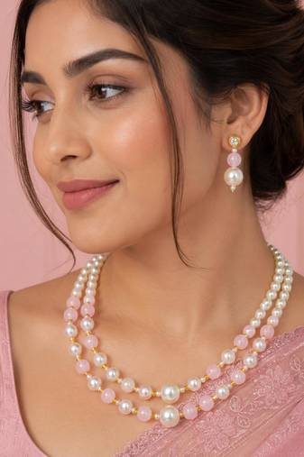 Pink color necklace set with earrings, moti & agate stone, gold plated