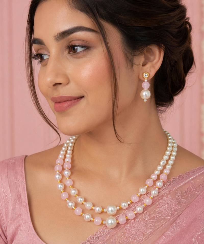 Pink color necklace set with earrings, moti & agate stone, gold plated