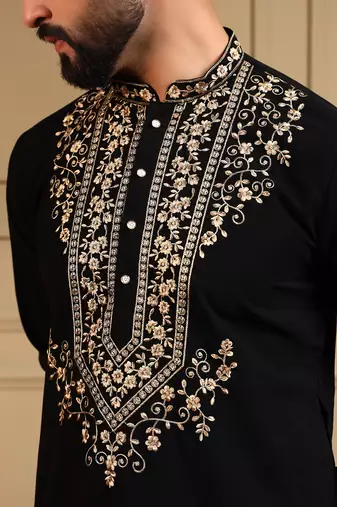 Black sequence floral armani silk kurta pyjama set for men | designer kurta for men