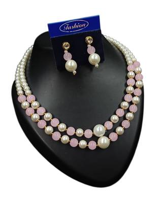 Pink color necklace set with earrings, moti & agate stone, gold plated 2