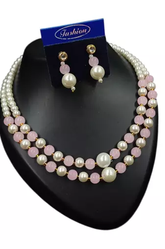 Pink color necklace set with earrings, moti & agate stone, gold plated