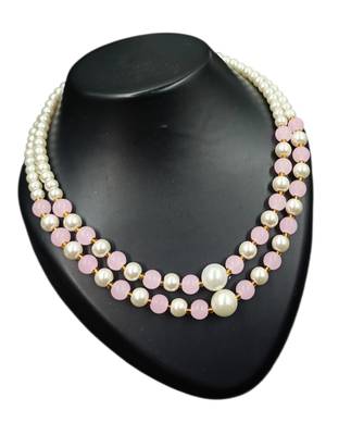 Pink color necklace set with earrings, moti & agate stone, gold plated 3