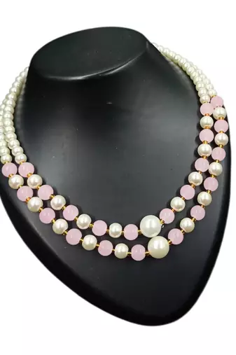 Pink color necklace set with earrings, moti & agate stone, gold plated