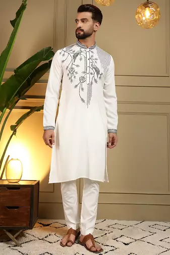White sequence floral viscose silk kurta pyjama set for men | designer kurta for men