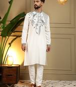 White sequence floral viscose silk kurta pyjama set for men | designer kurta for men