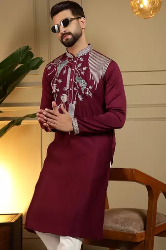 Red sequence floral viscose silk kurta pyjama set for men | designer kurta for men