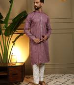 Pink sequence floral silk kurta pyjama set for men | designer kurta for men