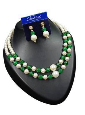 Green color necklace set with earrings, moti & agate stone, gold plated 1
