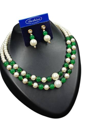 Green color necklace set with earrings, moti & agate stone, gold plated