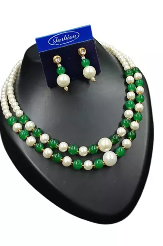 Green color necklace set with earrings, moti & agate stone, gold plated