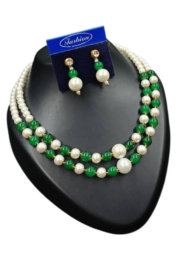 Green color necklace set with earrings, moti & agate stone, gold plated