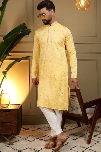 Yellow sequence floral silk kurta pyjama set for men | designer kurta for men