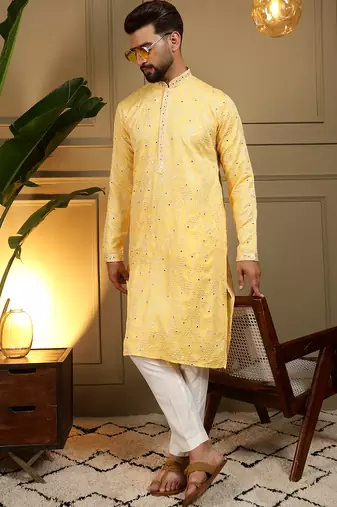 Yellow sequence floral silk kurta pyjama set for men | designer kurta for men