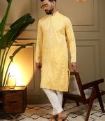 Yellow sequence floral silk kurta pyjama set for men | designer kurta for men