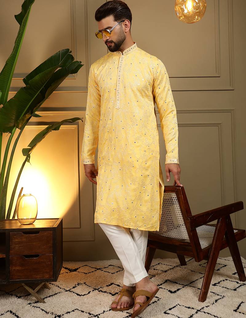 Yellow sequence floral silk kurta pyjama set for men | designer kurta for men