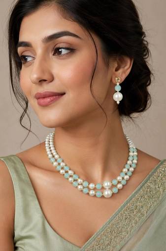 Pista color necklace set with earrings, moti & agate stone, gold plated