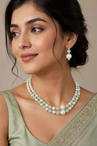 Pista color necklace set with earrings, moti & agate stone, gold plated