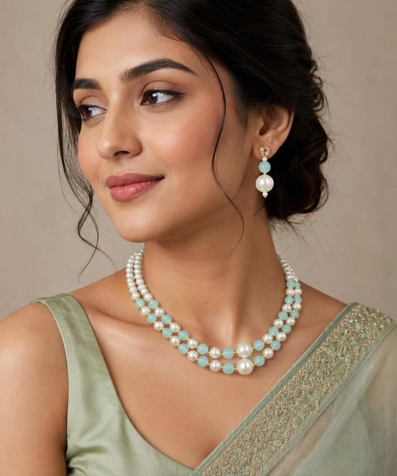 Pista color necklace set with earrings, moti & agate stone, gold plated