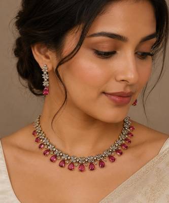Ruby ad stone & agate stone necklace set with earrings, antique gold plated 1