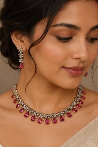 Ruby ad stone & agate stone necklace set with earrings, antique gold plated