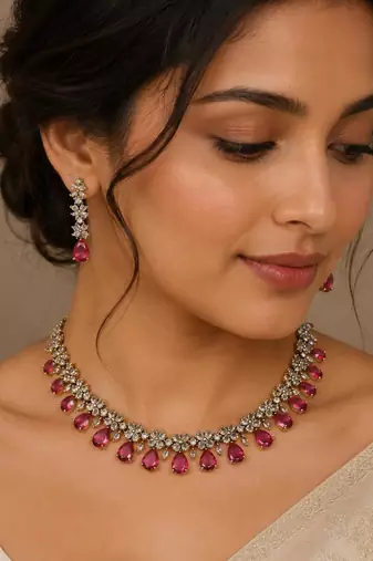 Ruby ad stone & agate stone necklace set with earrings, antique gold plated