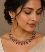 Ruby ad stone & agate stone necklace set with earrings, antique gold plated