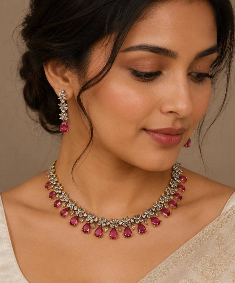 Ruby ad stone & agate stone necklace set with earrings, antique gold plated