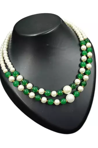 Green color necklace set with earrings, moti & agate stone, gold plated