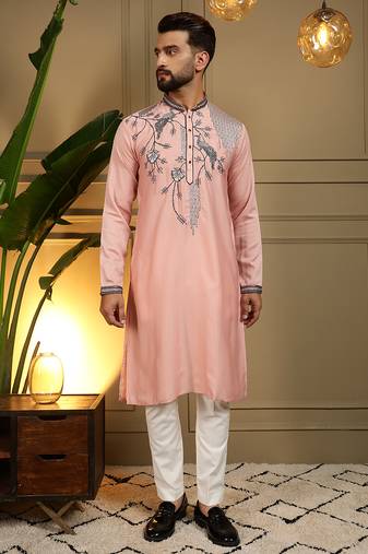 Peach sequence floral viscose silk kurta pyjama set for men | designer kurta for men