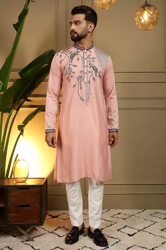 Peach sequence floral viscose silk kurta pyjama set for men | designer kurta for men