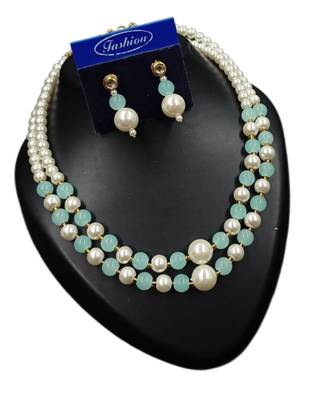Pista color necklace set with earrings, moti & agate stone, gold plated 2